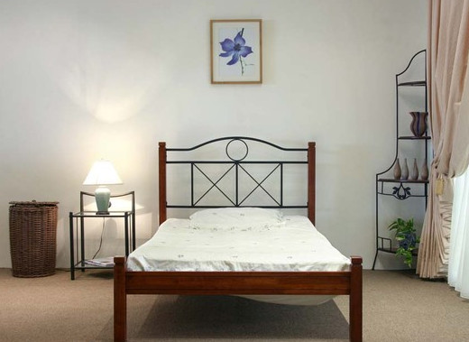 Фото интерьера спальни с мебелью из металлических прутьев и ковровым покрытием
