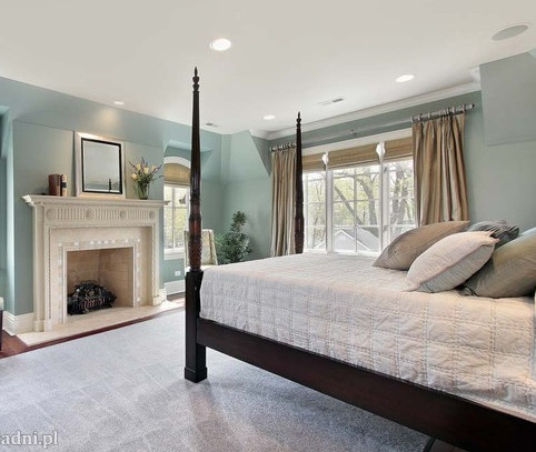 Фото интерьера большой спальни с деревянной кроватью, светло-голубыми стенами и камином.