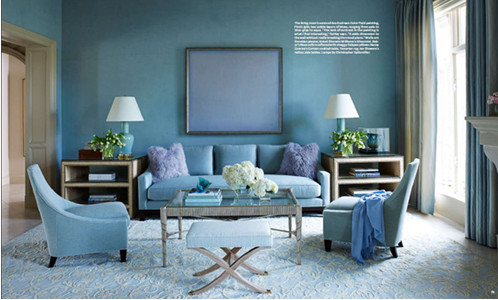 Дизайн интерьера гостиной комнаты в синем и голубом цвете