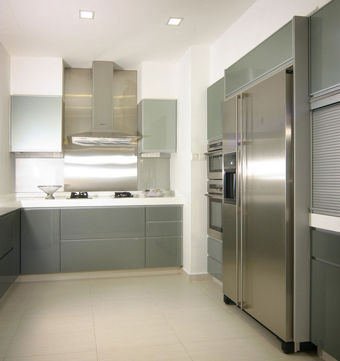 Фото дизайна интерьера современной кухни модерн с фасадами цвета металик