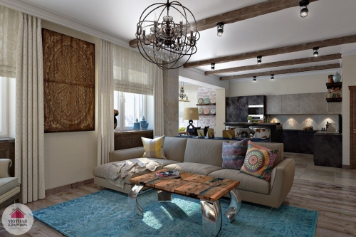 Интерьер гостиной-столовой с деревянными балками на потолке